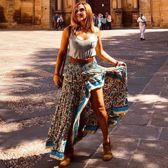 Bohemian gypsy Blue high low Floral Ruffle Maxi Skirt - Picture 8 of 11